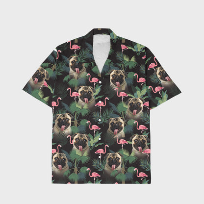 Personalize Pet Hawaiian Shirt Set, Custom Dog Face Pink Flamingos & Palms Hawai