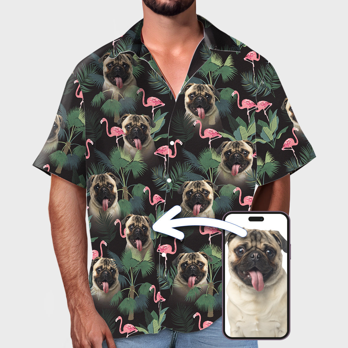 Personalize Pet Hawaiian Shirt Set, Custom Dog Face Pink Flamingos & Palms Hawai